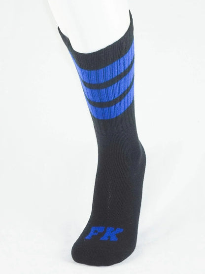 Fk sport black tube sock featuring three bold blue stripes and embroidered pk logo on the toe for athletic use