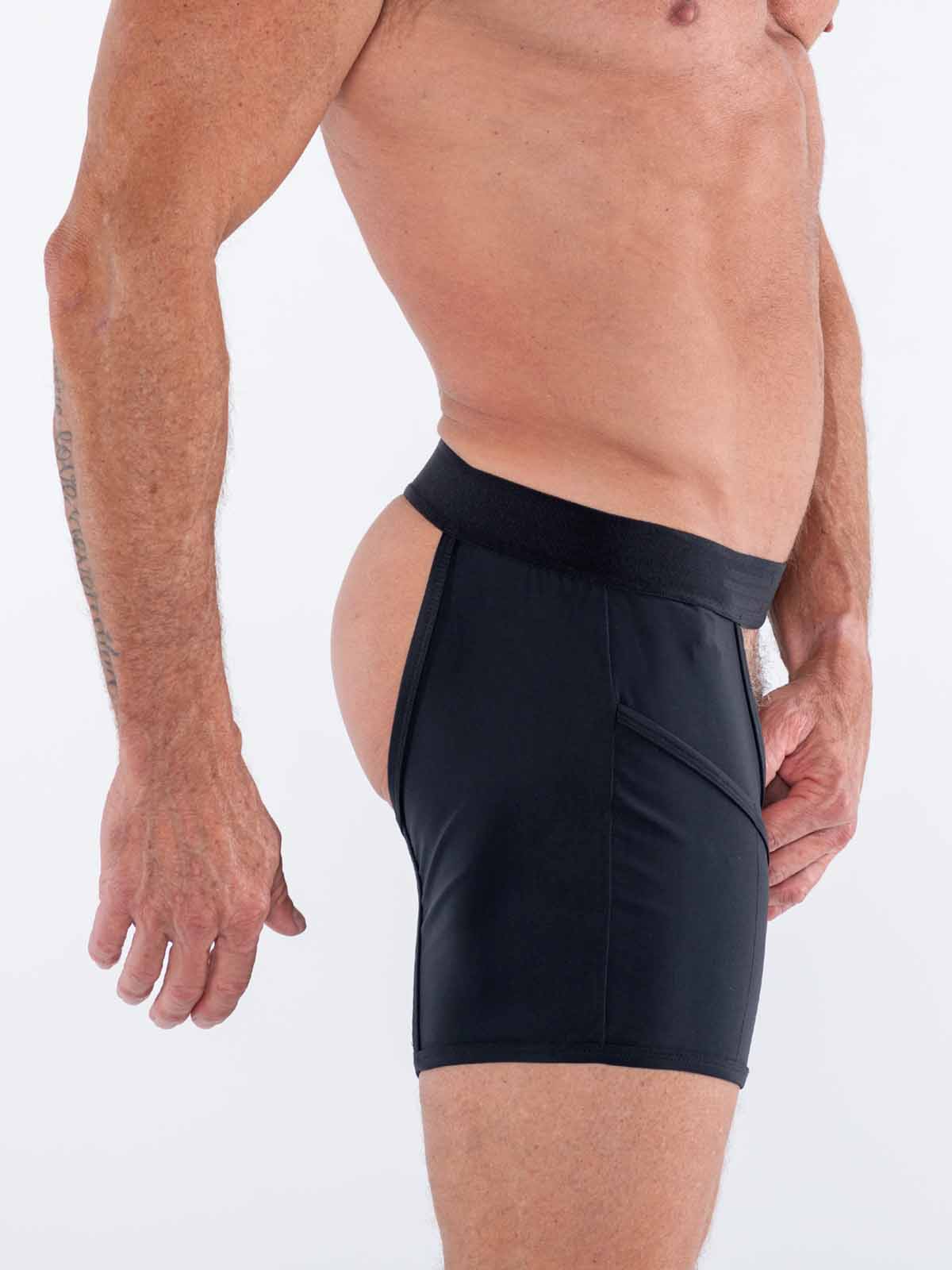Black fk sport cache chaps athletic briefs with high-waisted, form-fitting design and side cutouts for support