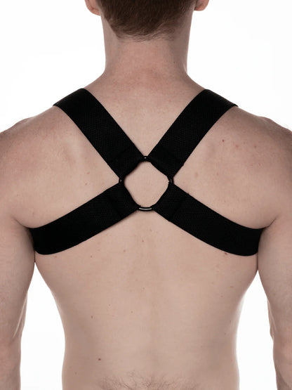 Black cross-back support strap with central ring for fk sport chevron harness shown from the back side