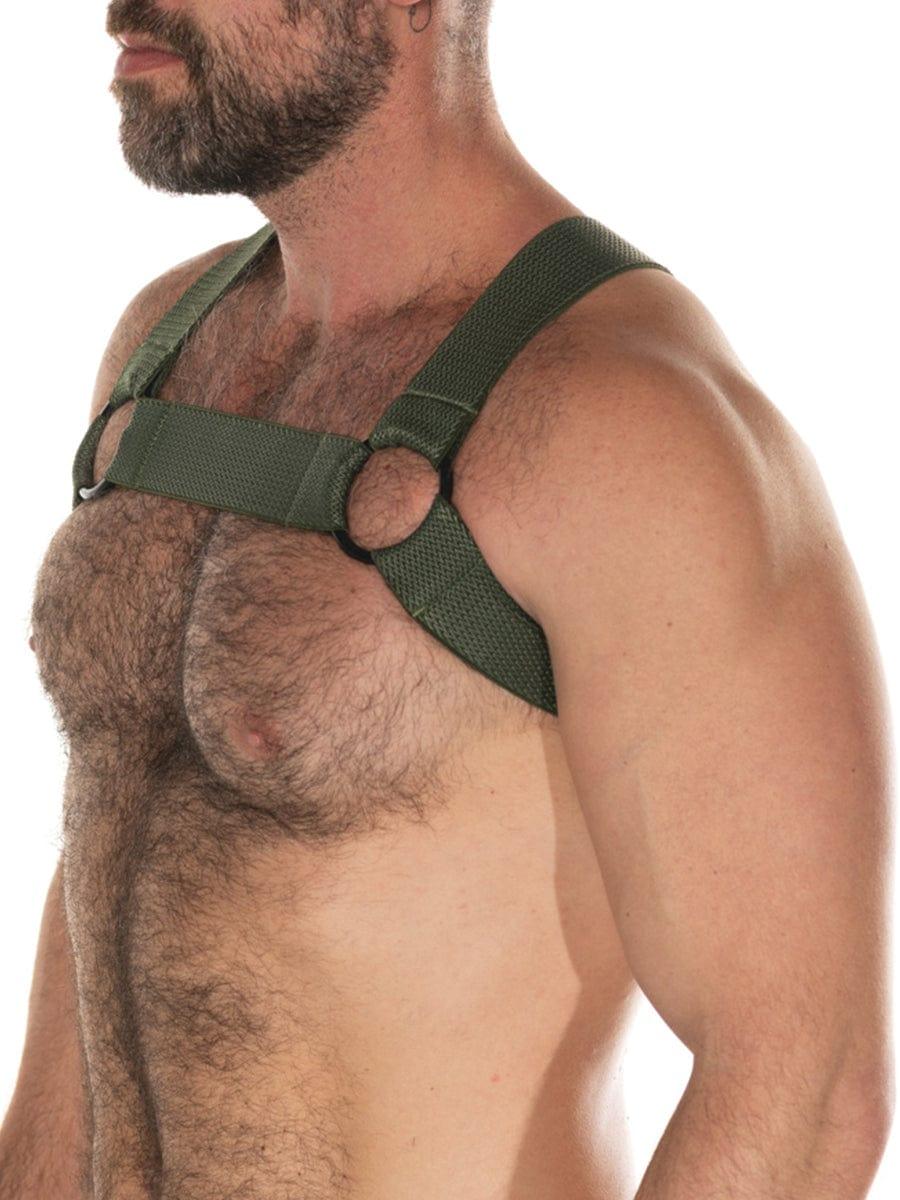 Olive green fabric fk sport chevron harness with adjustable straps and circular metal rings for secure fit