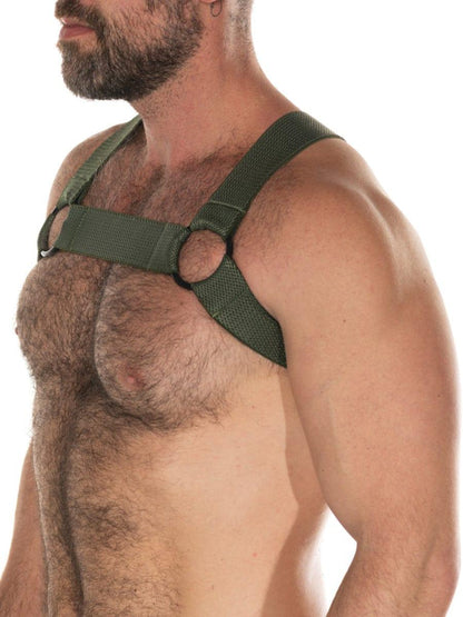 Olive green fabric fk sport chevron harness with adjustable straps and circular metal rings for secure fit
