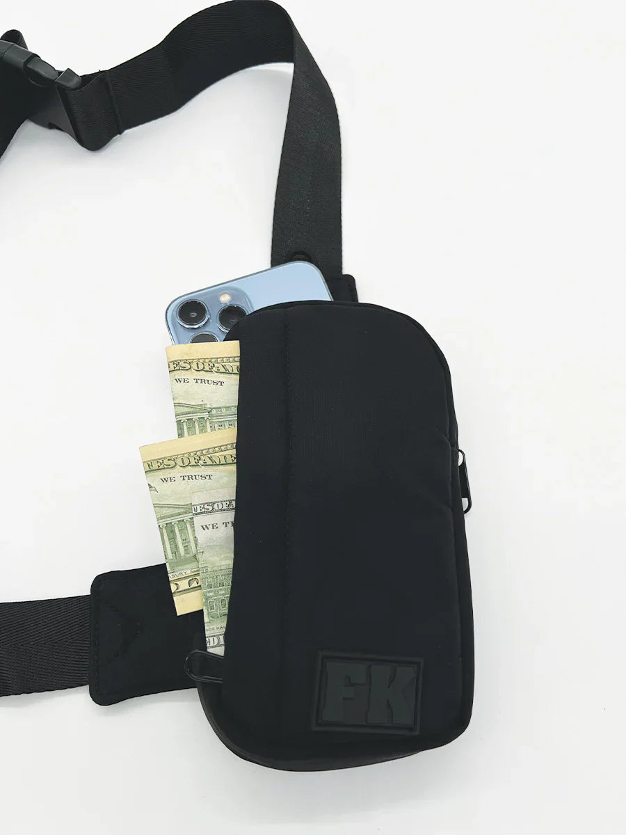 Fk sport cross body bag black nylon waist pouch with adjustable strap and front zipper pocket for hands-free carry