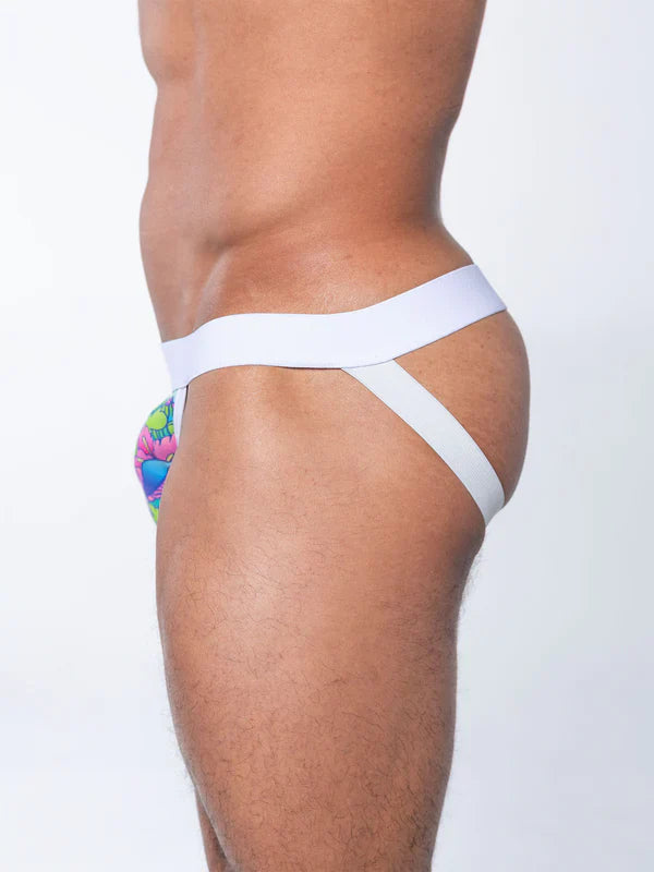 White briefs from fk sport day trippin jock with vibrant colorful floral pattern on the side