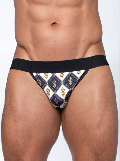 Black and white diamond patterned briefs with gold dollar sign motifs from fk sport dollahs jock collection