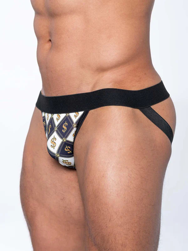 Fk sport dollahs jock black and white diamond patterned briefs with gold dollar sign motifs front view