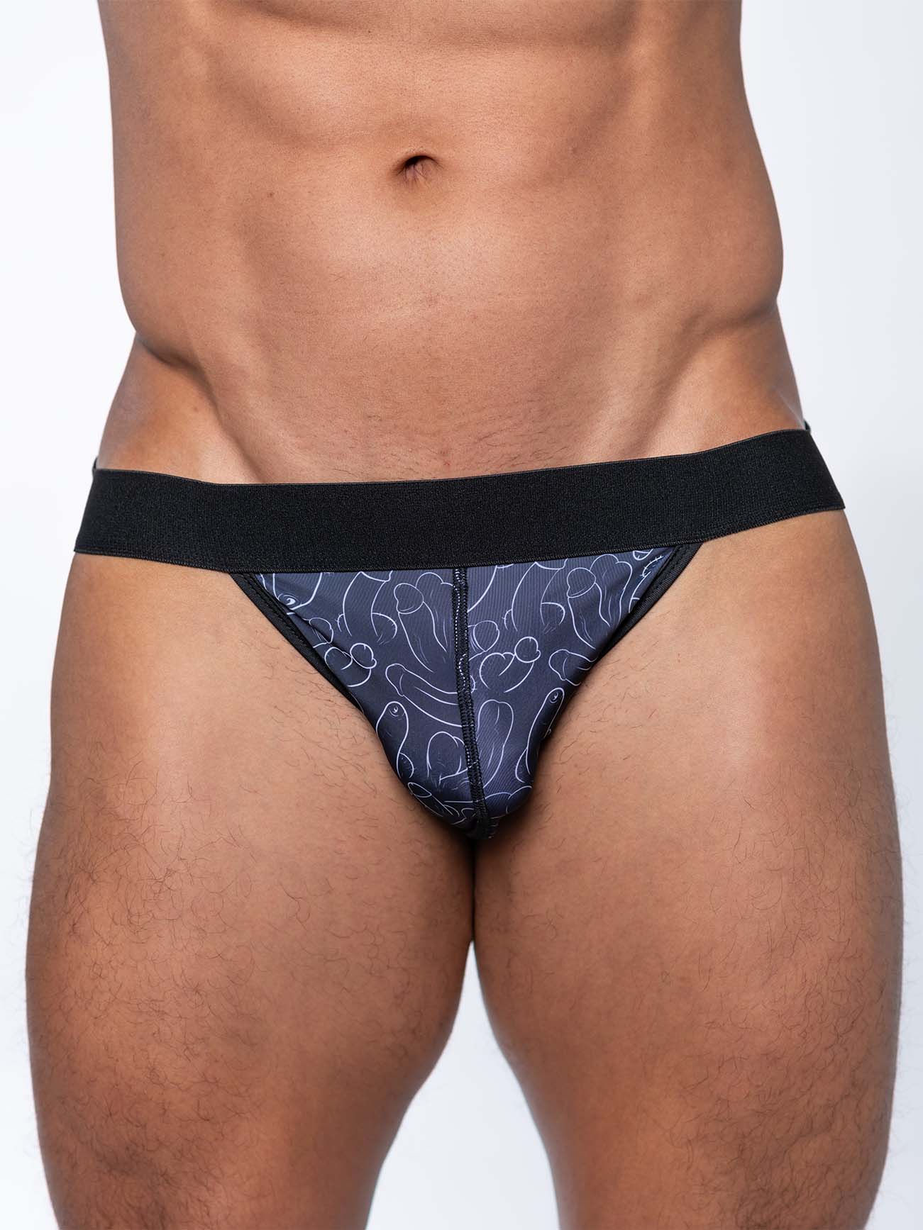Dark blue thong jock with penis print line drawing pattern and black elastic waistband from FK sport product line