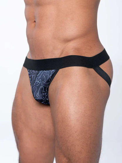 Black and navy blue patterned briefs with white line penis print design from fk sport collection