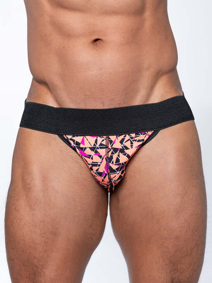 A vibrant geometric-patterned fk sport radical jock brief with a black elastic waistband