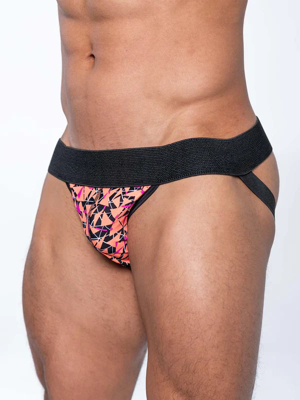 Black and vibrant pink FK Sport Radical Jock athletic briefs with geometric pattern and textured waistband