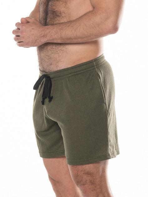 Olive green waffle knit shorts with black drawstring from fk sport swinger short collection for active wear