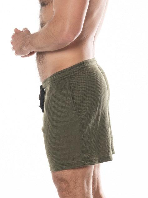 Olive green ribbed knit fk sport swinger shorts with black drawstring waistband for casual wear