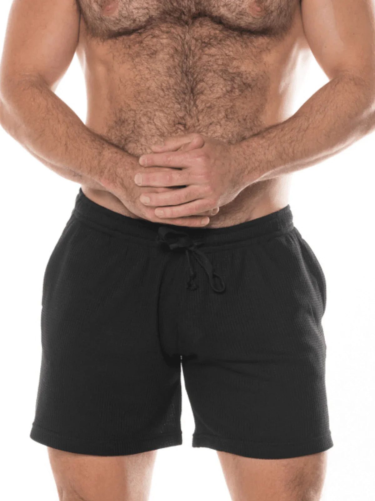 Black fk sport swinger shorts with drawstring made of soft textured fabric featuring relaxed fit and side pockets