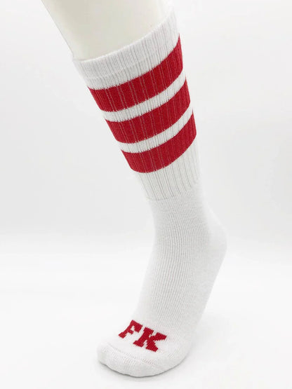 Fk sport white tube sock with three bold red stripes and embroidered fk logo on the toe for athletic use