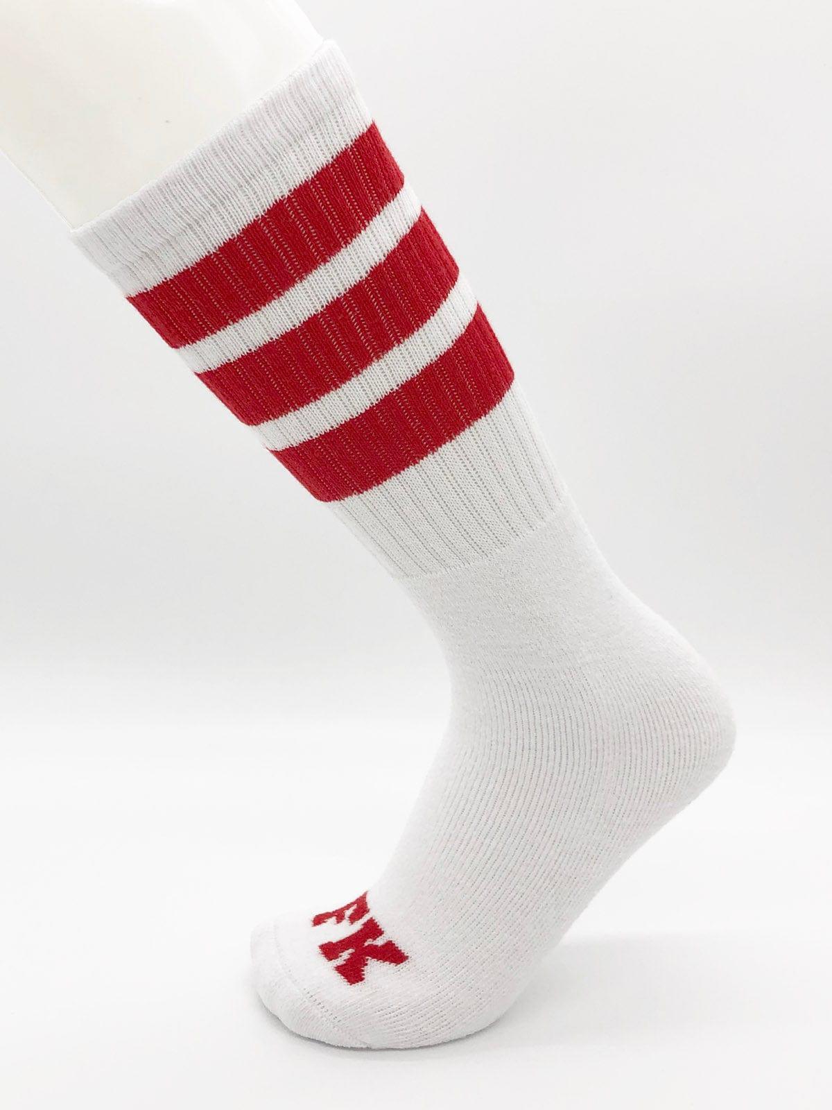 Fk sport white tube sock with three red stripes and a small red logo on the toe in athletic design
