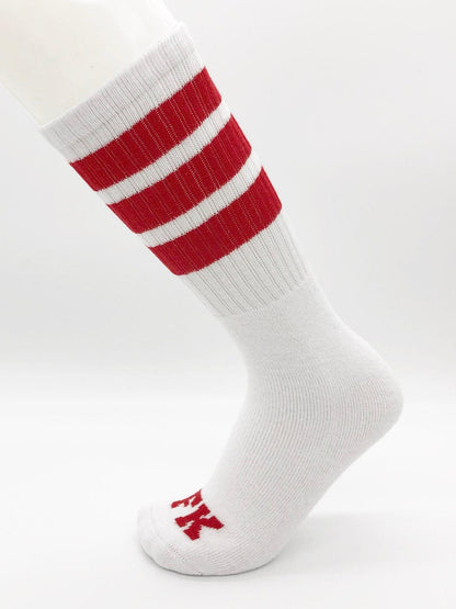 Fk sport white tube sock with three red stripes and a small red logo on the toe in athletic design