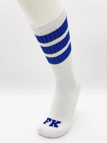 Fk sport white tube sock with three bold blue stripes and matching fk logo embroidered on the toe