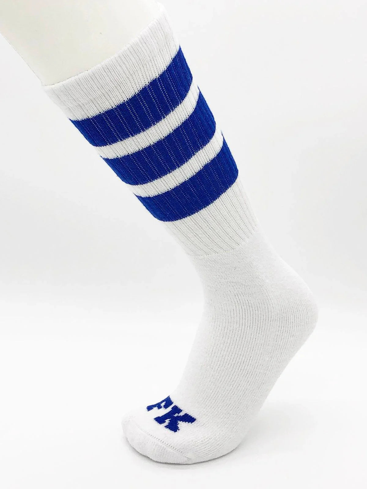 Fk Sport white tube sock with bold blue stripes near the top and an embroidered blue fk logo on the toe