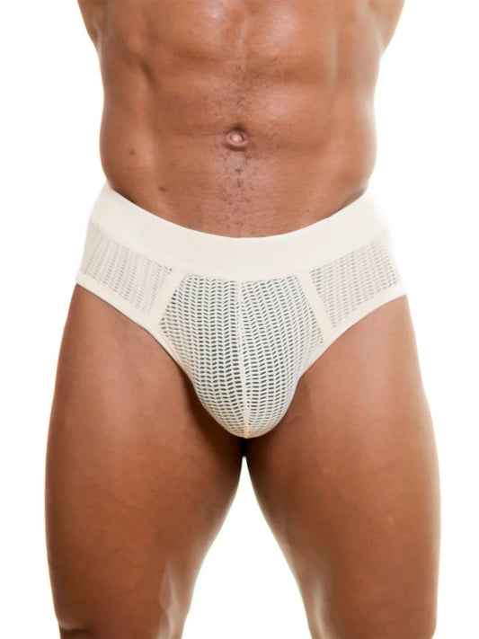 Champagne-colored mesh brief underwear with a wide, solid waistband on a white background.