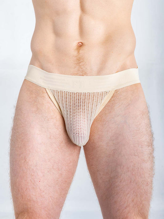 Champagne-colored mesh jockstrap underwear with a wide elastic waistband, worn against a neutral background.