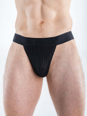 Black mesh thong underwear featuring a wide elastic waistband with a subtle logo.