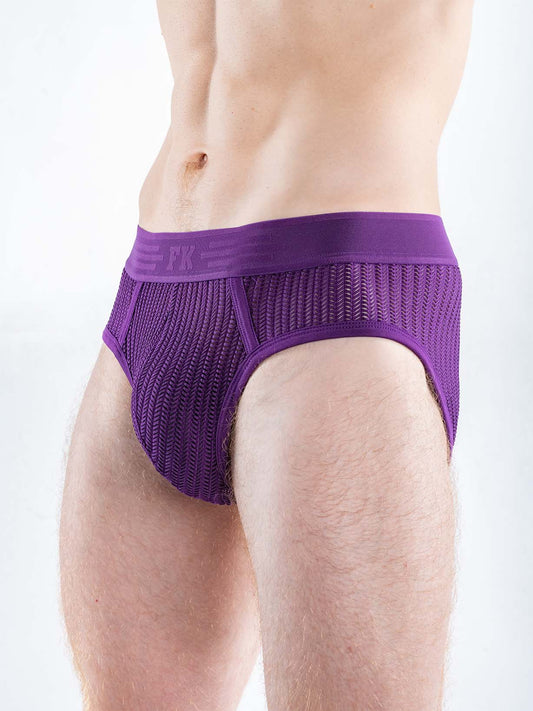 Purple mesh brief underwear featuring a textured, chevron pattern and an elastic waistband with the letters FK.