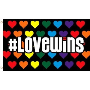 Flag love wins black fabric flag with rainbow-colored hearts and bold white text hashtag lovewins for pride display