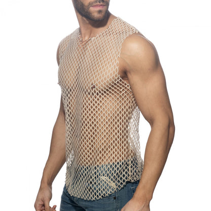 Beige mesh sleeveless flamboyant tank top with a fitted form fitting design for stylish casual wear