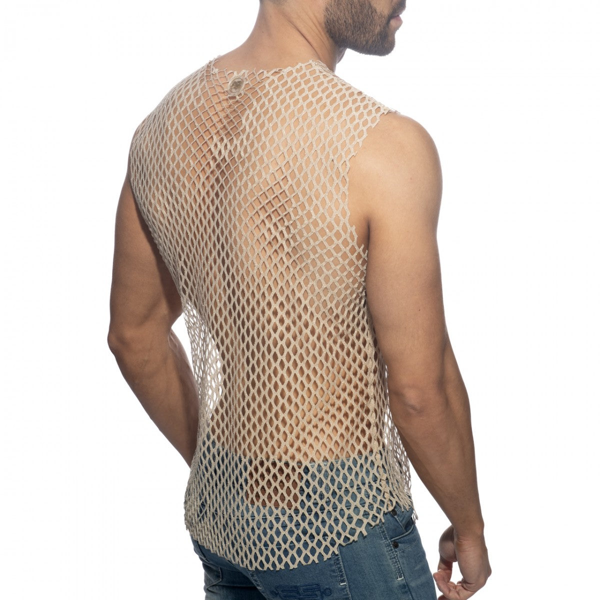 Beige flamboyant tank top featuring a diamond mesh net pattern and a small button at the neckline