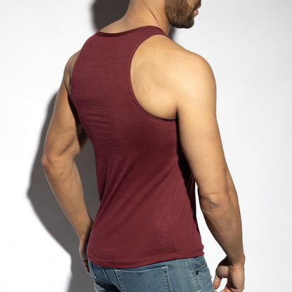 A maroon flame tank top sleeveless with a simple round neckline and ribbed hem for casual wear