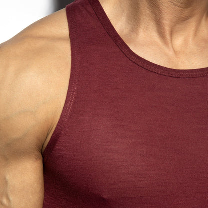 Maroon ribbed flame tank top with simple round neckline made from soft stretchy fabric for casual wear