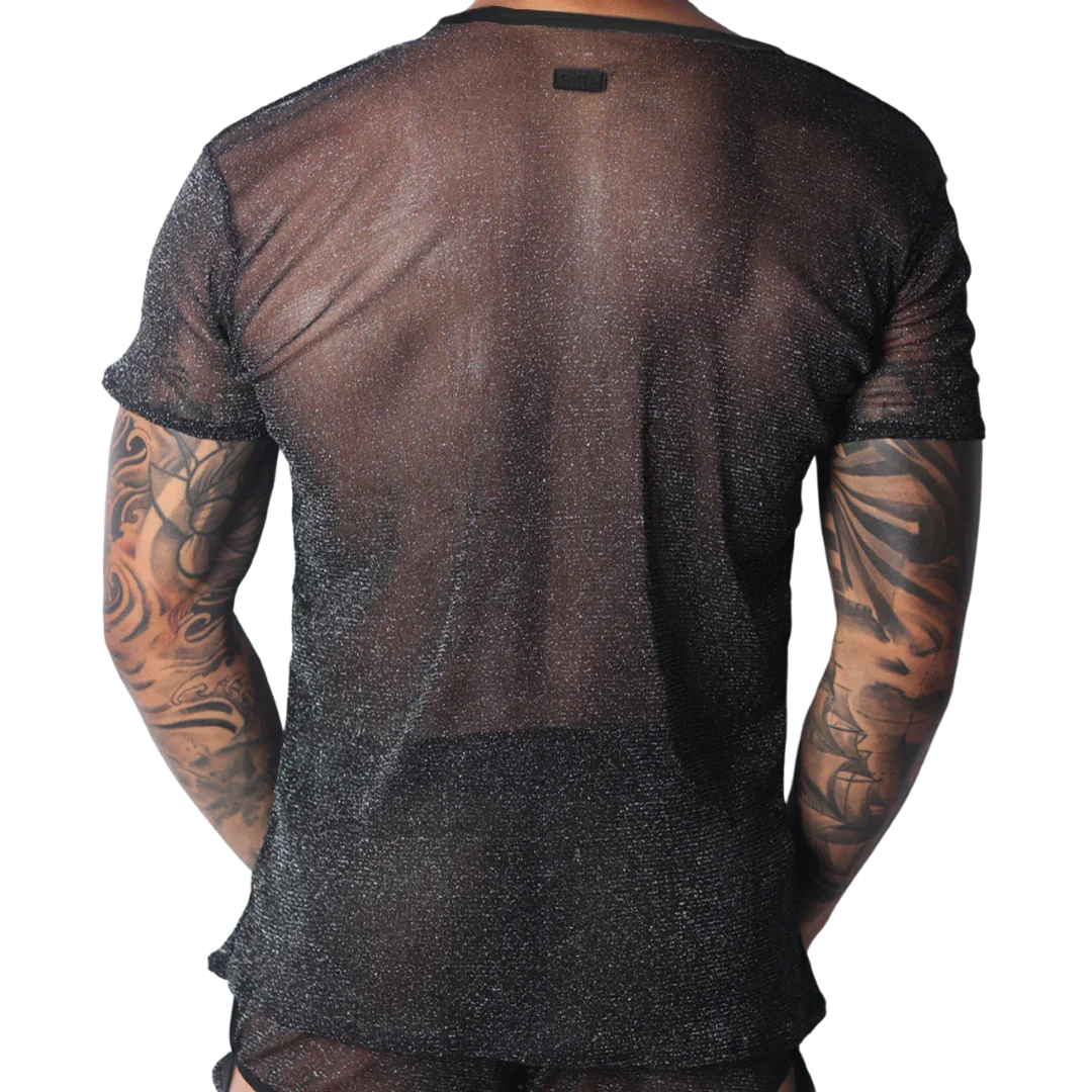 Black semi-sheer, metallic short-sleeve T-shirt with a lightweight, glittery knit texture.