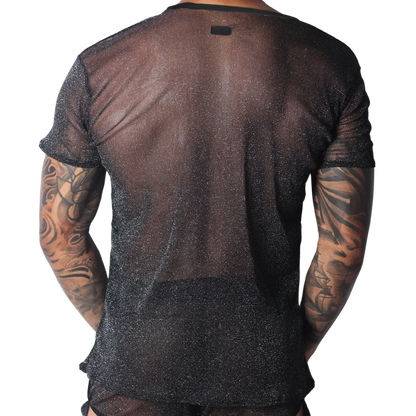 Black semi-sheer, metallic short-sleeve T-shirt with a lightweight, glittery knit texture.