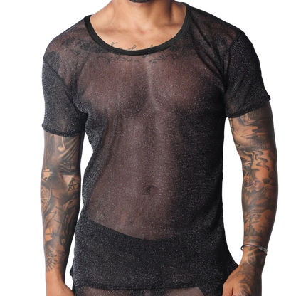 Black sheer scoop-neck T-shirt in a shimmering, fine-knit metallic fabric.