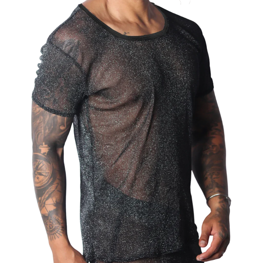 Black sheer scoop-neck T-shirt with a metallic shimmer, lightweight semi-transparent knit fabric.