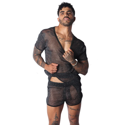 Black sheer, mesh-style short-sleeve T-shirt with a deep V-neck and subtle glittery, textured finish.