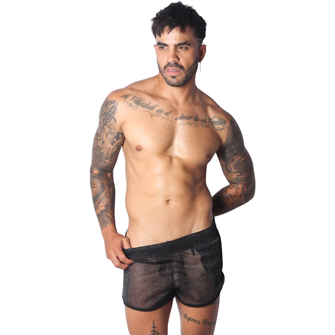 Sheer, black glittery short shorts with a fitted, athletic style.