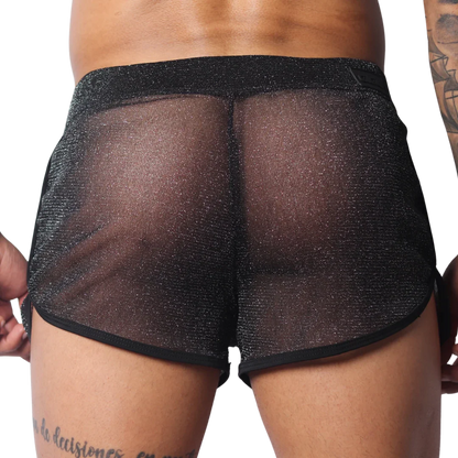 Sheer black athletic short with a subtle metallic shimmer, featuring a wide waistband and black trim.