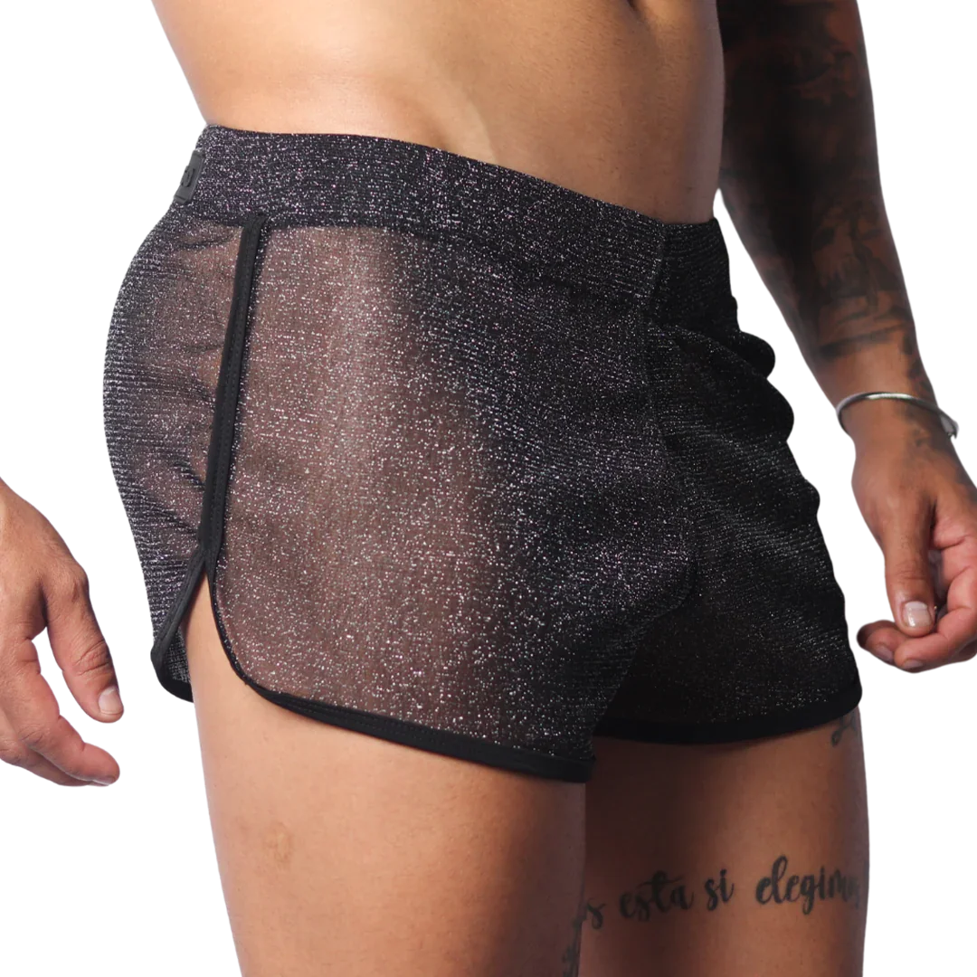 Sheer black glittery mesh shorts with a slim athletic fit and solid black trim edging.