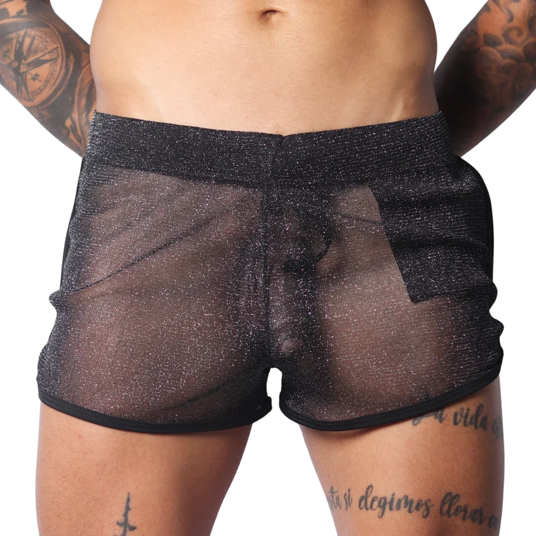 Sheer black metallic glitter shorts with a comfortable elastic waistband and black hem trim.