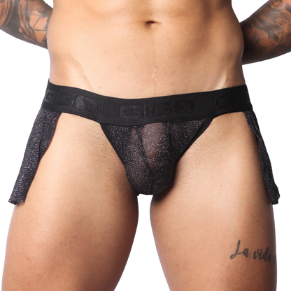 Black metallic shimmer mesh Gigo skirt with a wide branded elastic waistband and open sides.