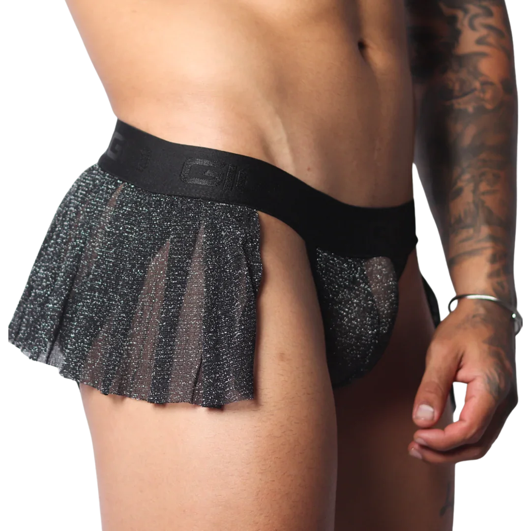 Black glittery sheer pleated mini skirt with a branded elastic waistband on a Gigo jockstrap base.