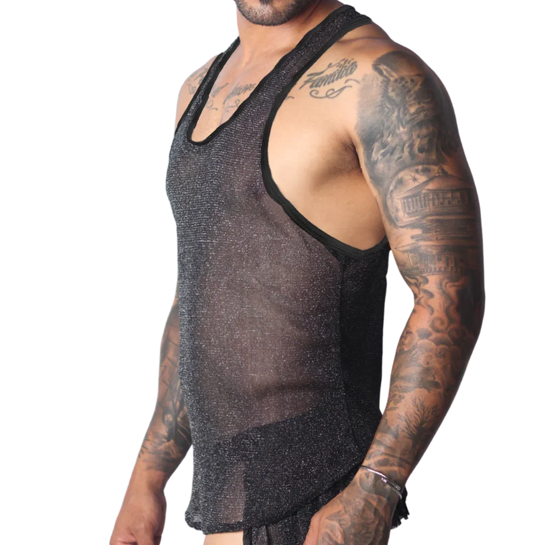 Sheer black racerback tank top in a lightweight, sparkling metallic knit fabric with solid black trim.