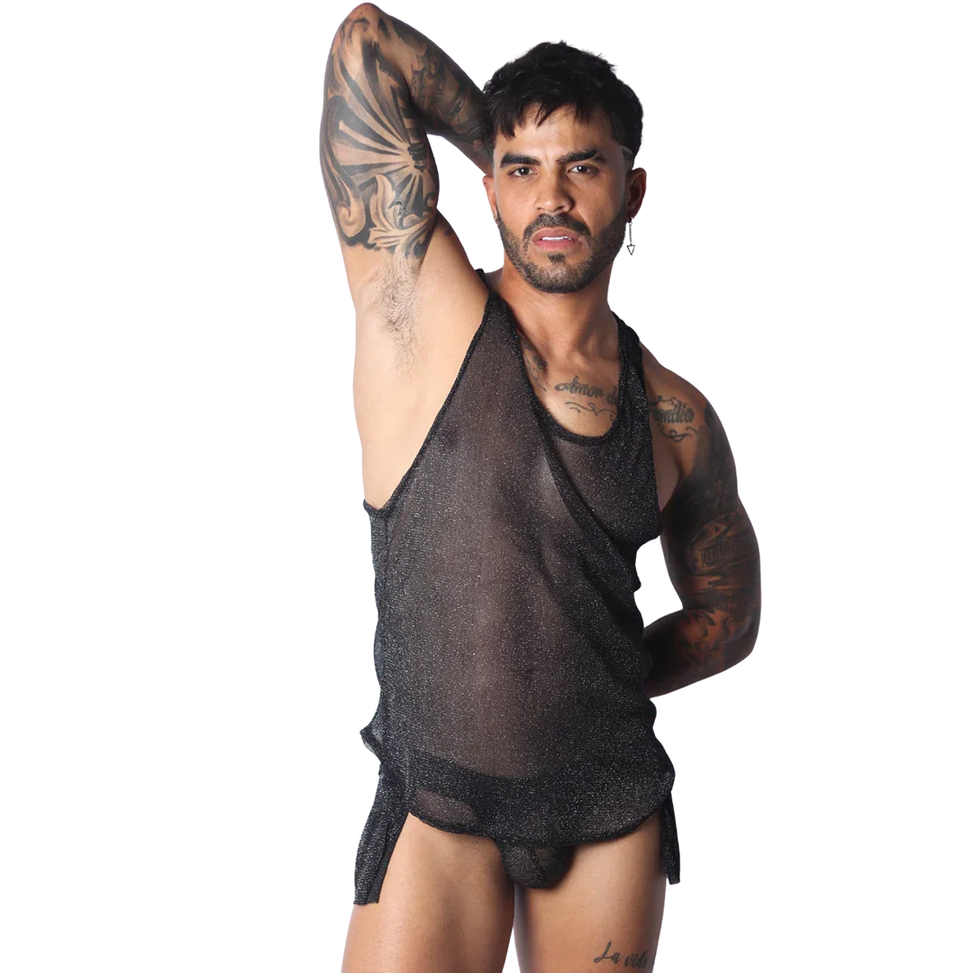 A semi-sheer, shimmering black tank top with a scooped neckline and side slits, worn by a tattooed man.