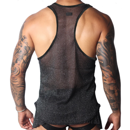 Black racerback tank top in semi-sheer, shimmery metallic mesh fabric with black trim.