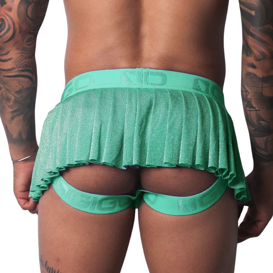 Flash green, glittery pleated miniskirt with a branded elastic waistband and open-back jockstrap design.