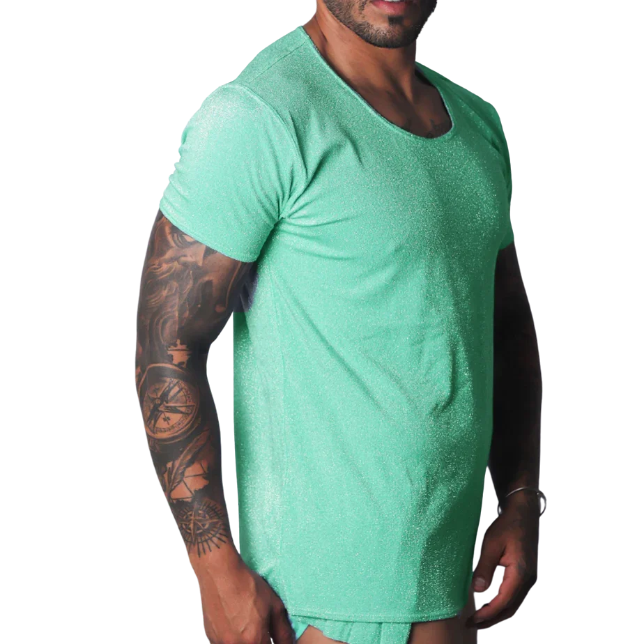 Flash green scoop-neck t-shirt with a metallic, shimmering finish worn by a tattooed man.