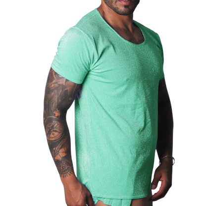 Flash green scoop-neck t-shirt with a metallic, shimmering finish worn by a tattooed man.