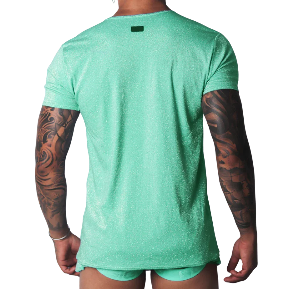 Shimmering flash green short-sleeve t-shirt with a slim fit and small rectangular logo patch on the upper back.
