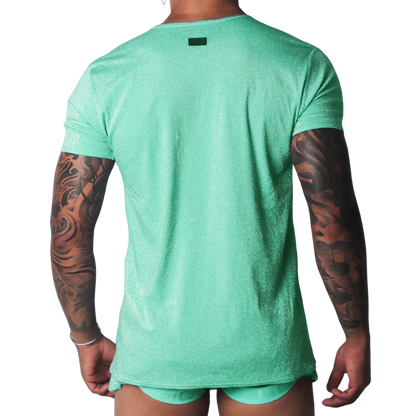 Shimmering flash green short-sleeve t-shirt with a slim fit and small rectangular logo patch on the upper back.