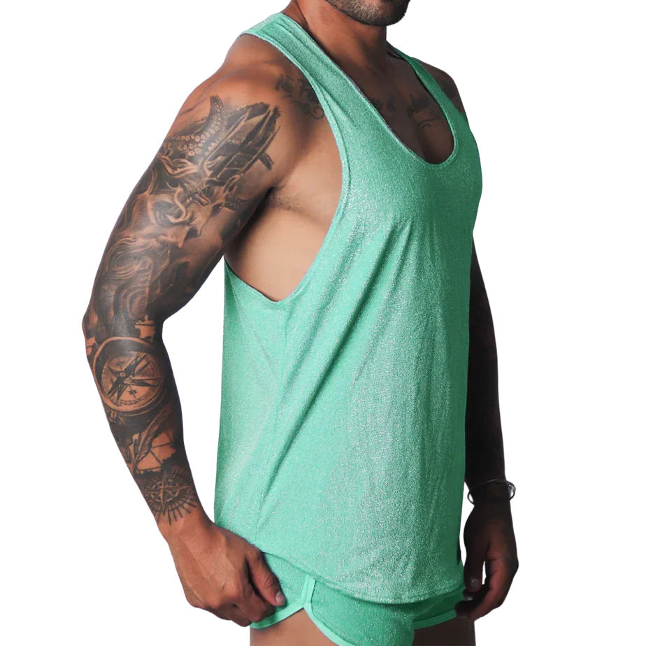 Flash green, metallic-finish racerback tank top with deep-cut armholes, worn by a muscular man.